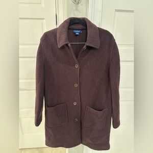 Vintage J. CREW Boiled Wool Coat Sz Large Petite Chocolate Brown Pockets Preppy